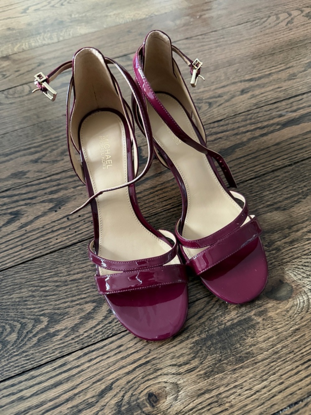 Michael Kors Patent Leather Strappy Heels in Burgundy